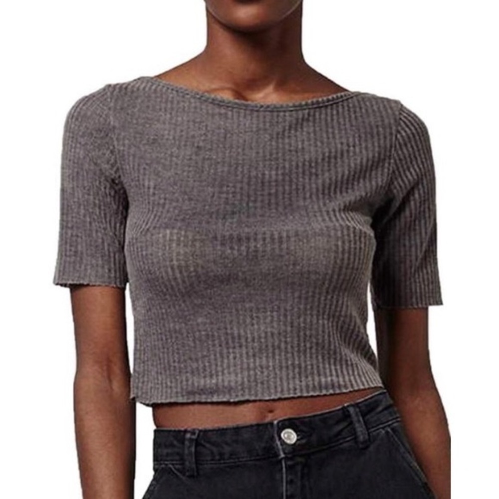 Topshop Ribbed Raw Hem Gray Crop Tee Top